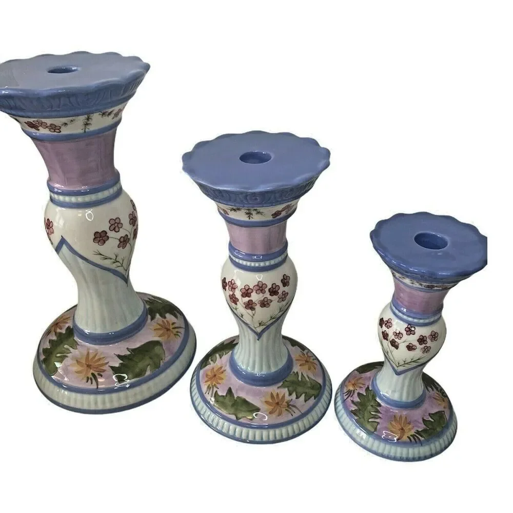 Capriware 3-Piece Pillar Candleholder Set Blue Purple Floral Hand Painted VTG